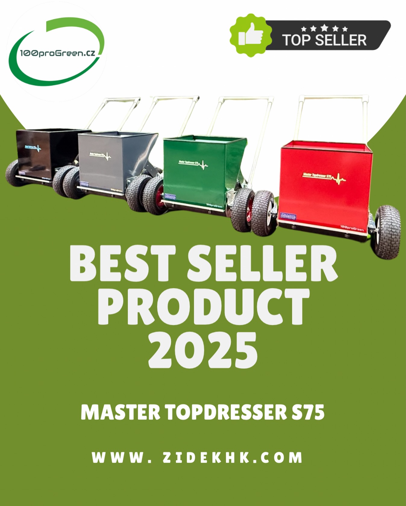 🌿Master Topdresser S75 🌿 100proGreen
🏆 Top seller tohoto roku – a stejně jako loni!

Ručně vedený aplikátor písku určený pro přesnou aplikaci na travnaté plochy i pro nanášení granulátu na umělé povrchy. Díky pěti úrovním nastavení dávkování umožňuje perfektní kontrolu množství materiálu v litrech na m².
Pískování účinně pomáhá redukovat trávní plsť, zlepšuje kvalitu trávníku a je nezbytné při vyrovnávání terénních nerovností.
👉 Spolehlivý pomocník pro profesionální údržbu trávníků.

….
🇬🇧

🌿 Master Topdresser S75 🌿100proGreen 
🏆 Top seller of the year – once again, just like last year!

A walk-behind sand applicator designed for precise application on natural turf and also suitable for spreading granulate on artificial surfaces. With five adjustable application rates, it provides excellent control over the amount of material applied per square metre.
Topdressing effectively helps reduce thatch, improves overall turf quality, and is essential for levelling surface irregularities.

👉 A reliable tool for professional turf maintenance.

➡️ www.zidekhk.com⬅️